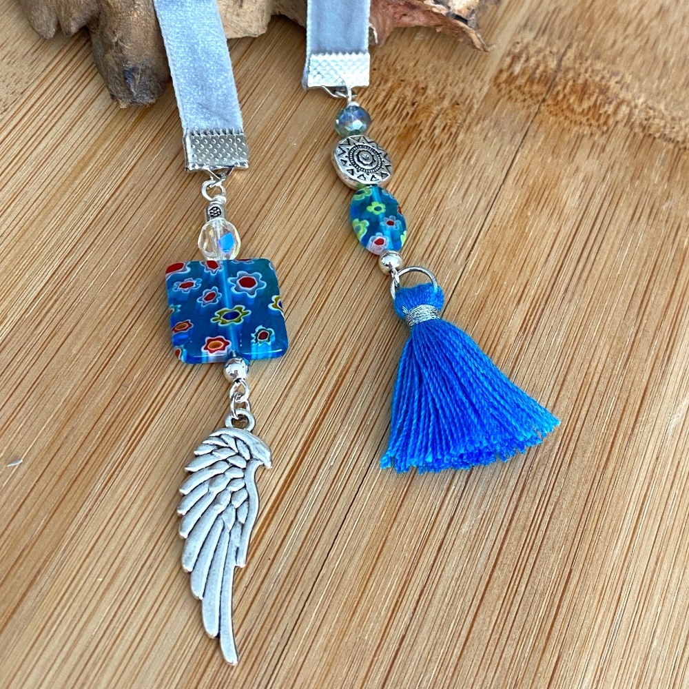 Angel Wing Bookmark on Grey Velvet Ribbon - Book Jewelry